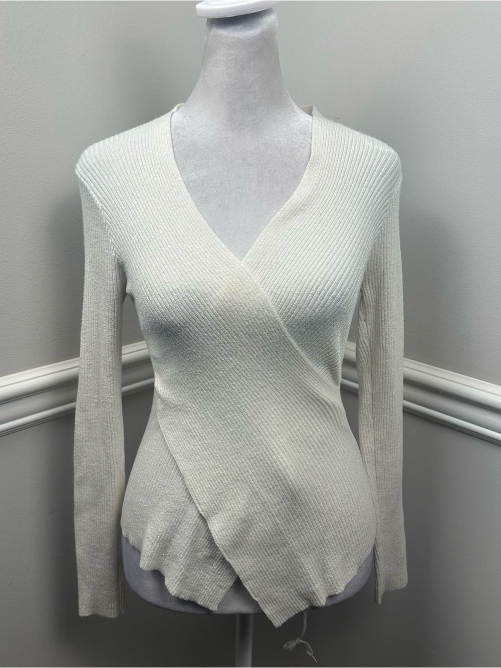 Miss Selfridge Cream metallic Ribbed Wrap V-Neck Sweater 4